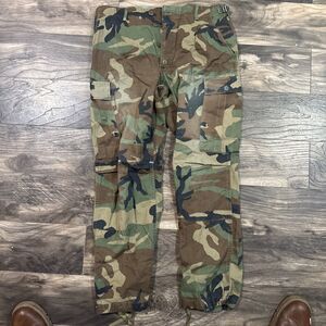 Vintage Woodland Camo BDU Cargo Pants Adjustable Waist Ankle Ties 80’s 28” 26”